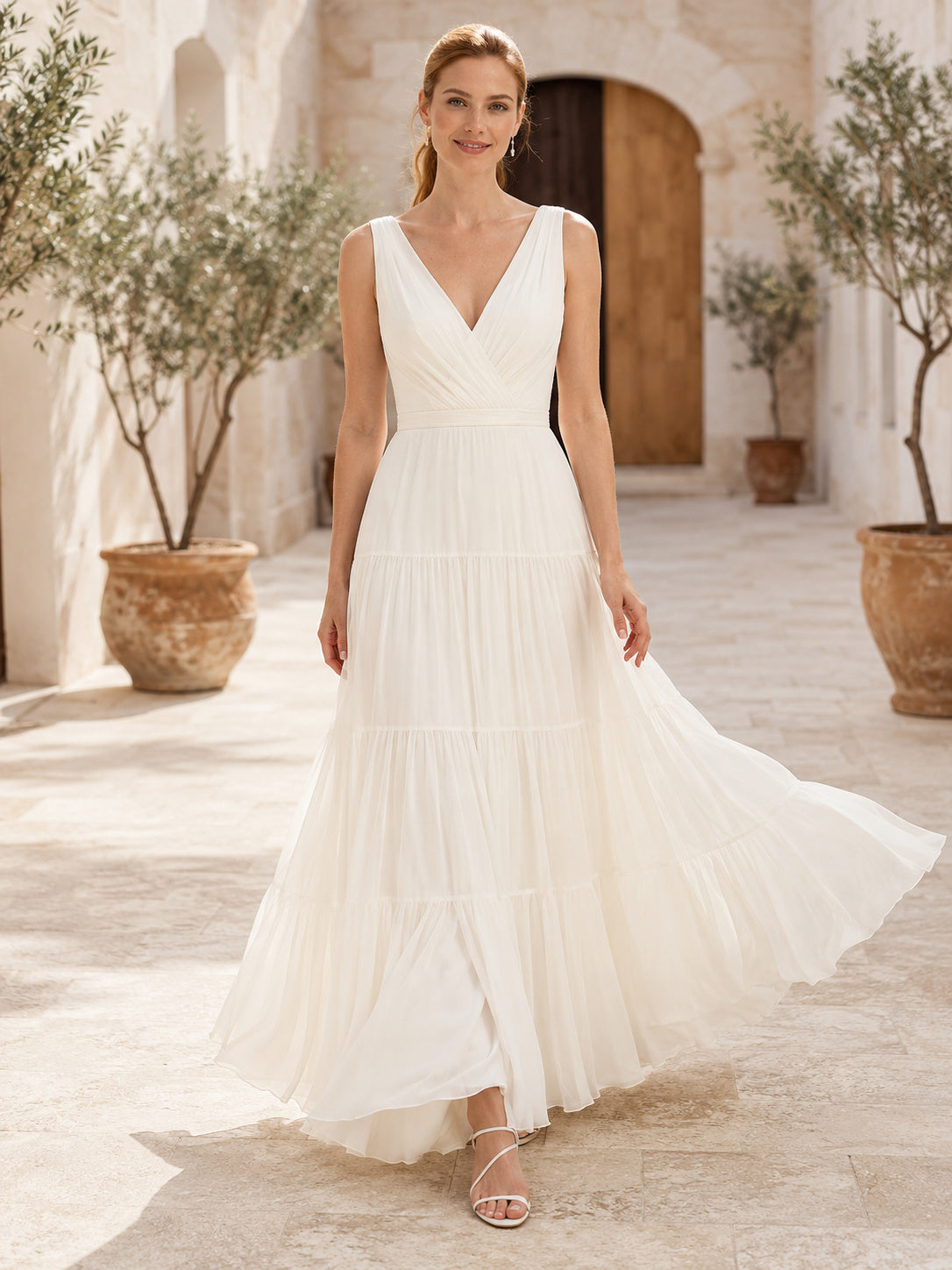 Breathable V-Neck Wide Strap Tiered Chiffon A-Line Summer Wedding Dress front view