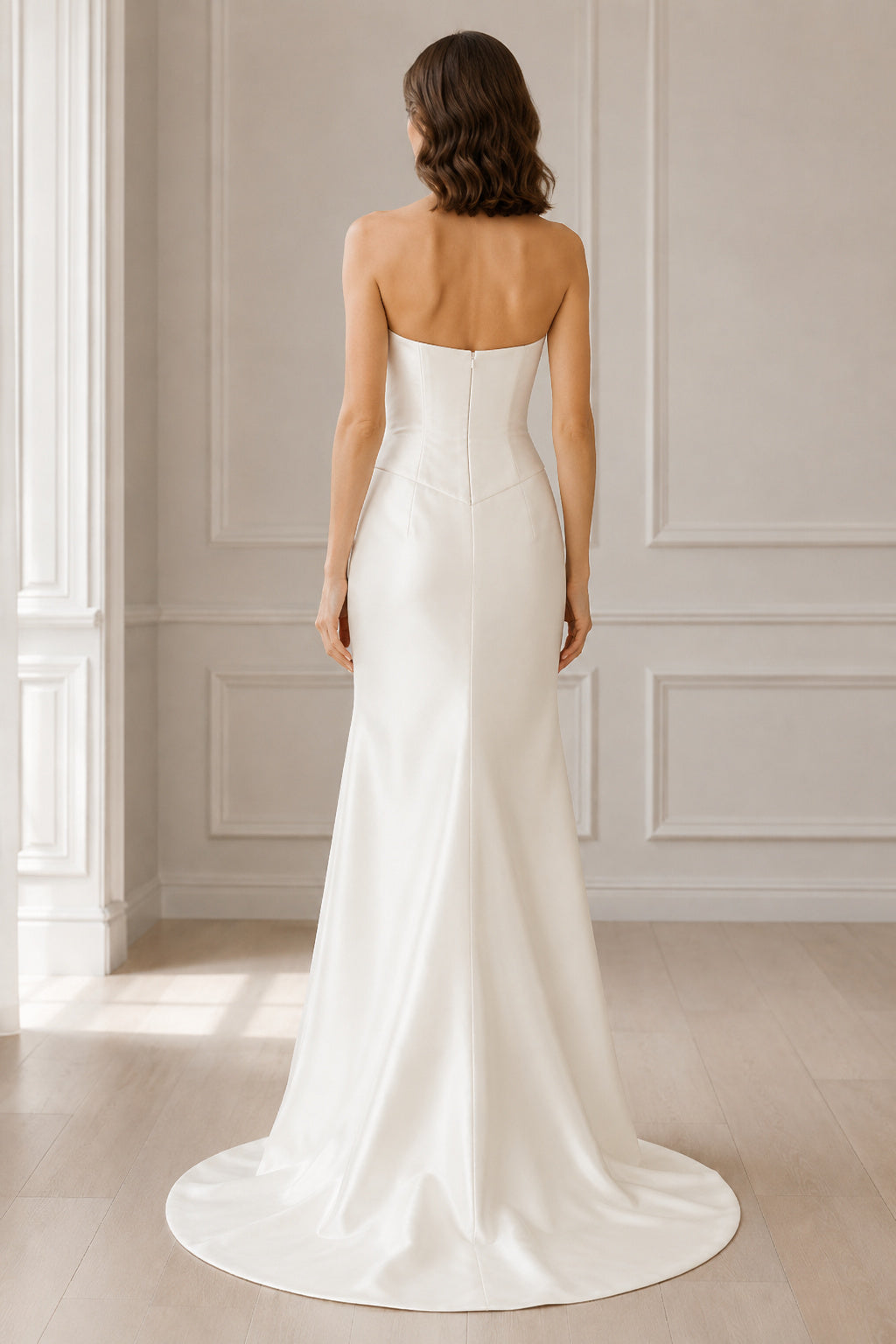 Strapless Satin Sheath Wedding Dress with Sweep Train back view