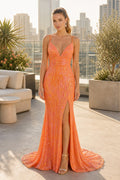 Orange V-neck Spaghetti Strap Sequined Mermaid Floor-Length Dress With Front Slit