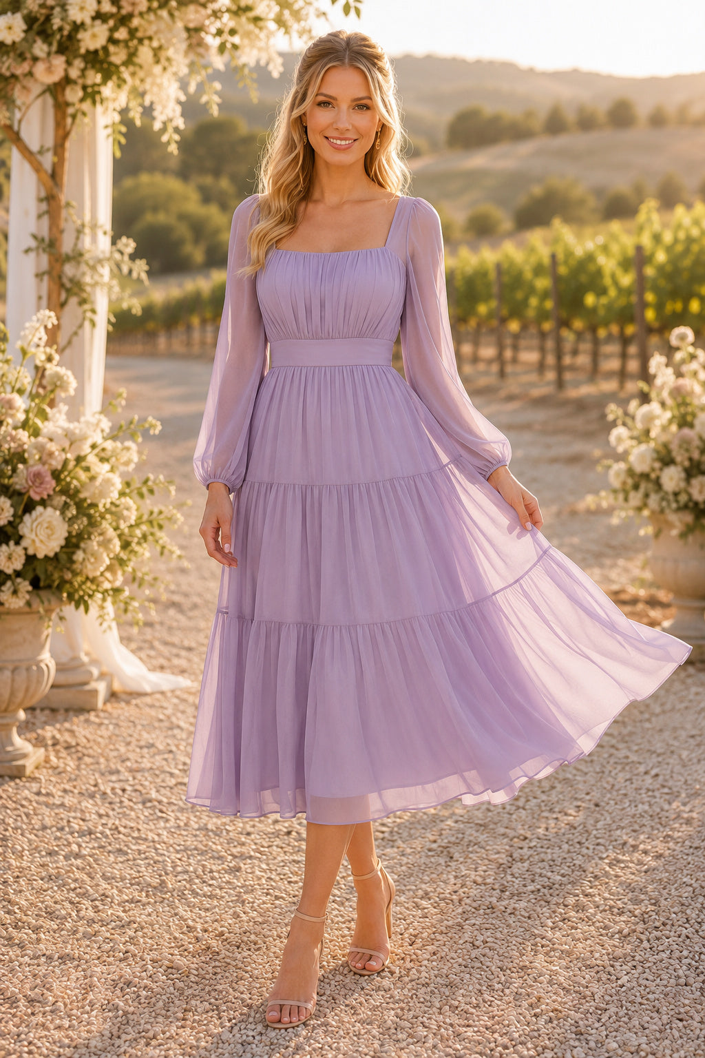 Dark Navy Chiffon Wedding Guest A-Line Dress front view