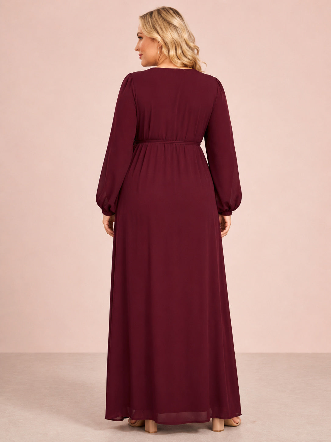 Burgundy Long Sleeve Wrap Plus Size Maternity Gown back view