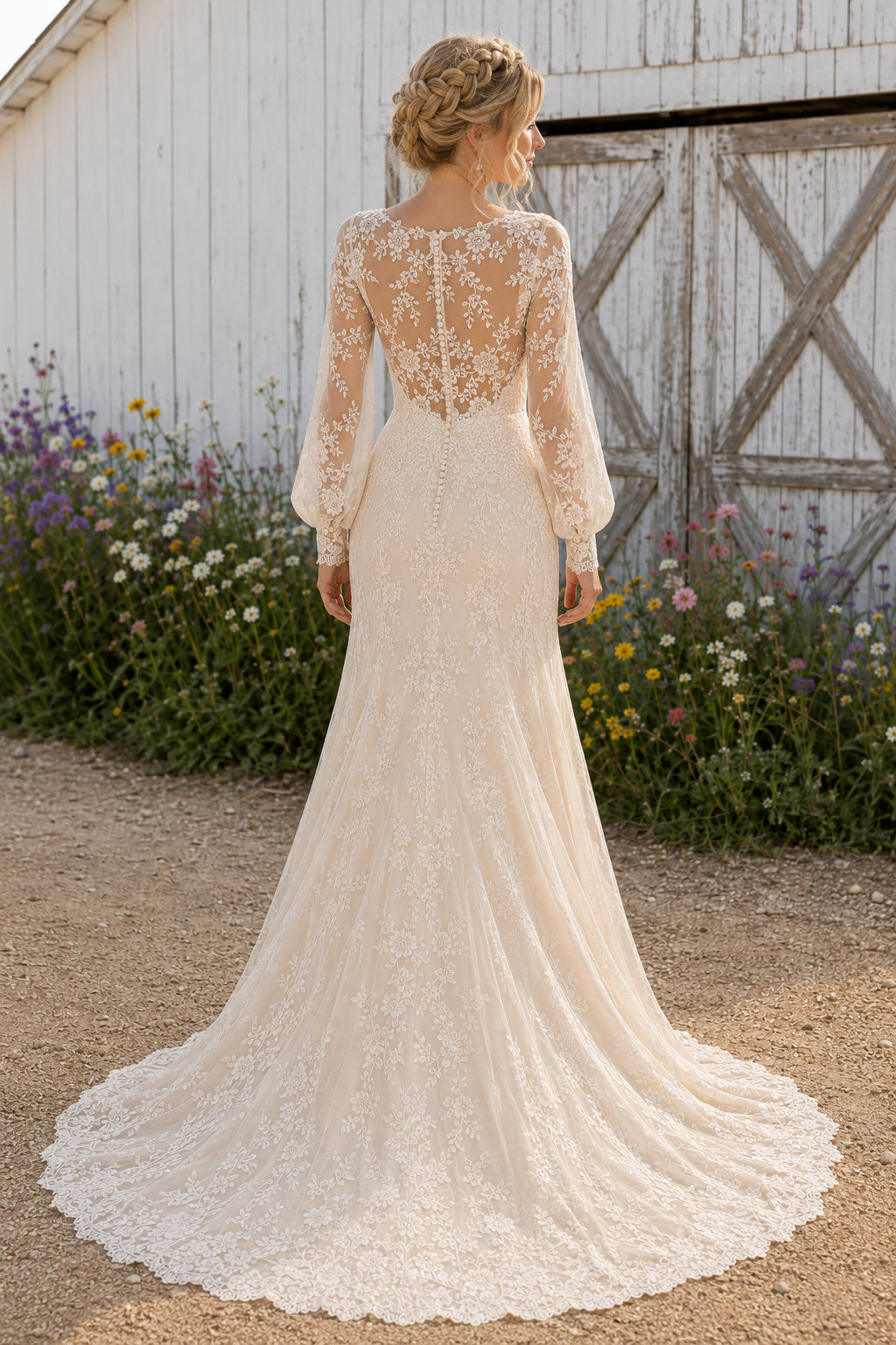 High Neck Long Sleeve Mermaid Wedding Dress with Illusion Lace Back and Train for Rustic Garden Ceremony back view
