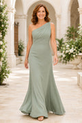 Sage One-Shoulder Sheath Mother Dress with Soft Floor-Length Skirt front view