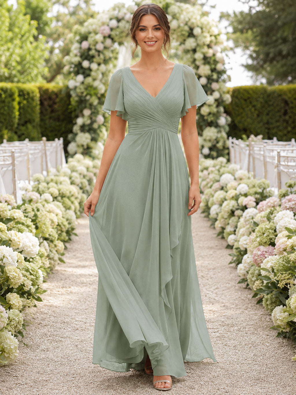 Sage V neck flutter sleeve chiffon floor length bridesmaid dress front view