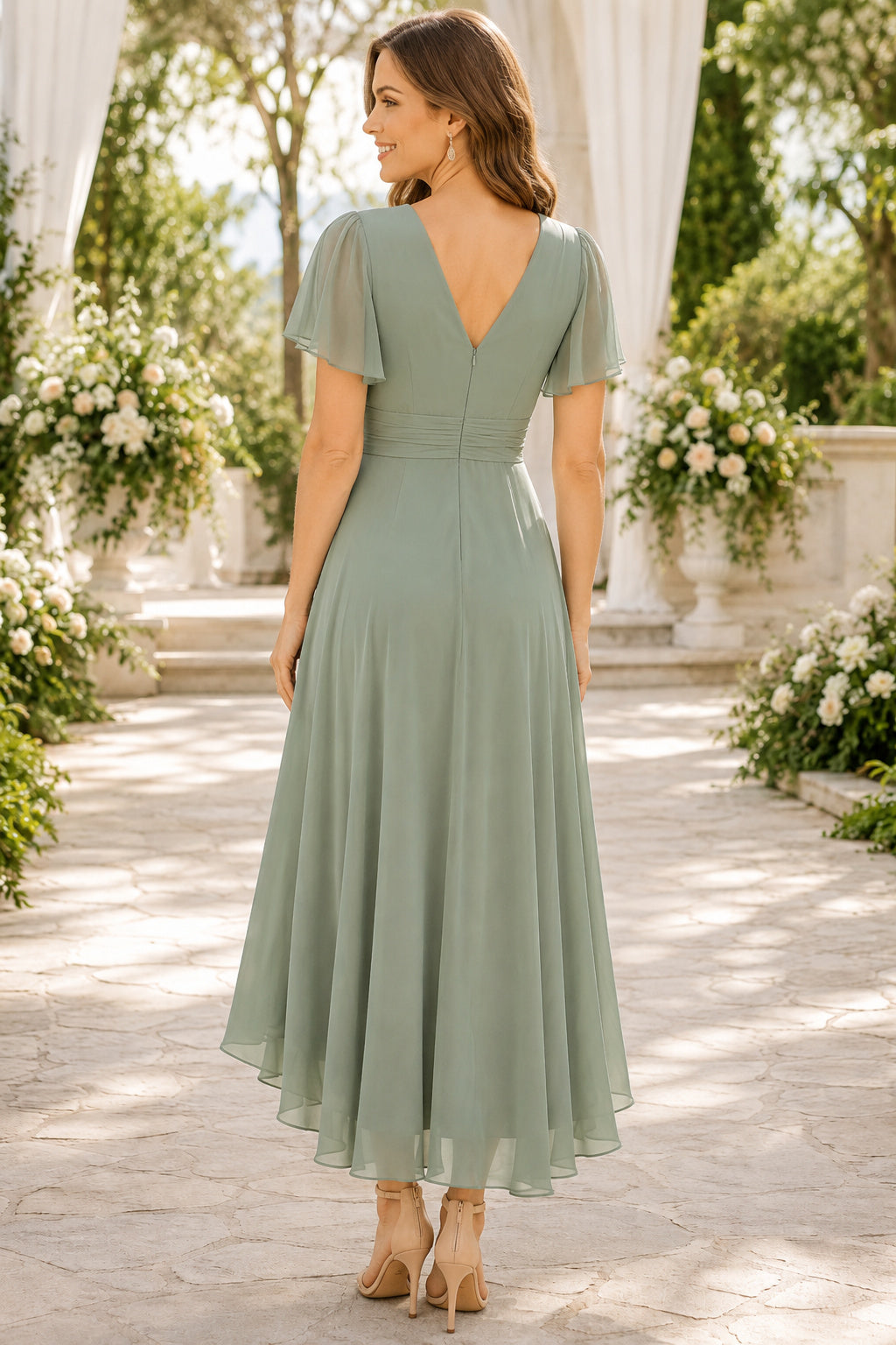 Dusty Rose Chiffon Wedding Guest A-Line Dress back view