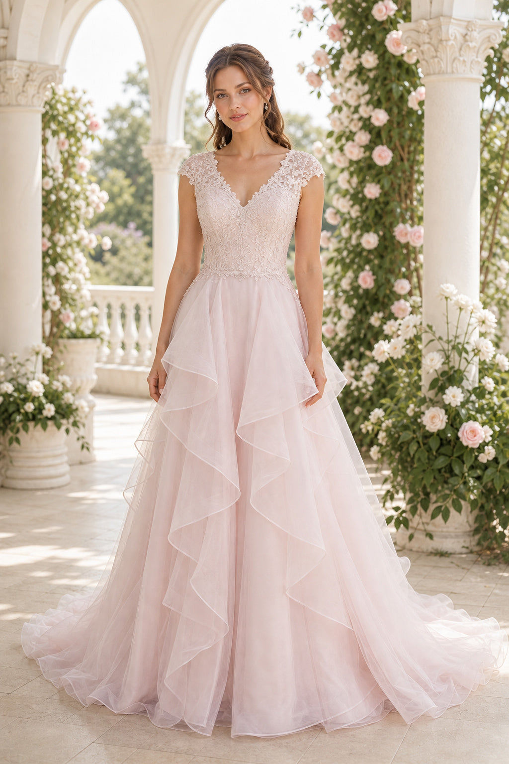 Blush V-neck Cap Sleeves Ball Gown Tulle Floor-length Wedding Dress With Ruffles and Lace and Open Back