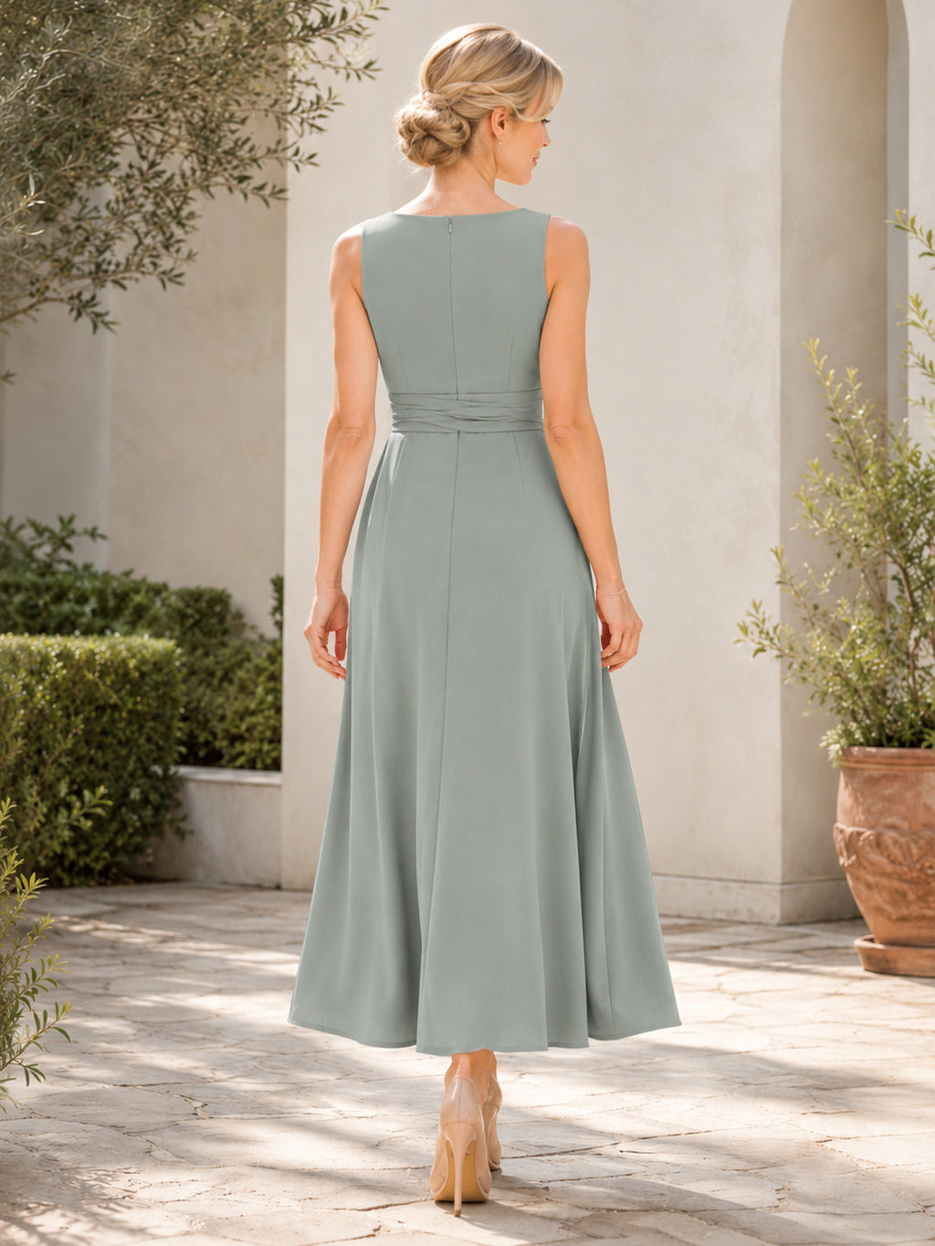Sage V Neck Sleeveless Wrap Tea Length A Line Guest Dress back view