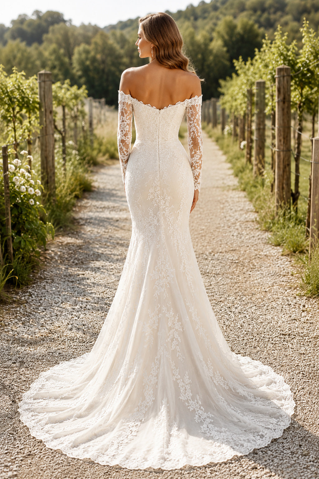 Ivory Off-the-Shoulder Long Sleeve Lace Mermaid Wedding Dress with Sweep Train back view