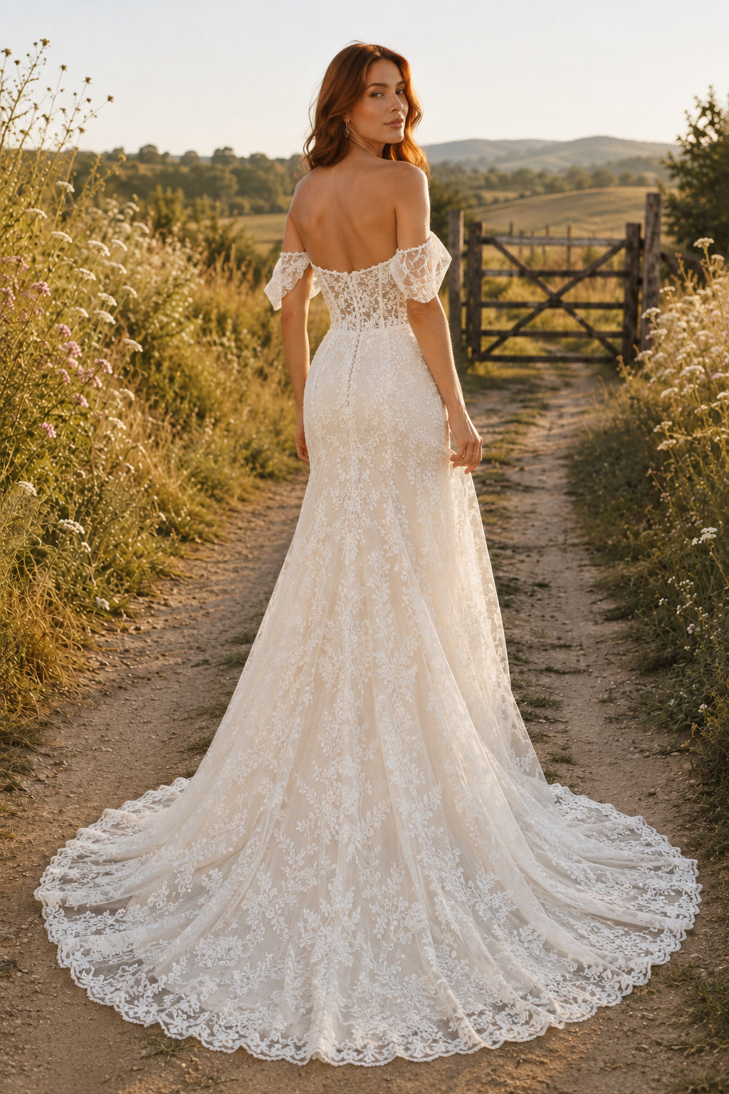 Ivory Off-the-Shoulder Lace Mermaid Wedding Dress with Flutter Sleeves and Scalloped Train back view