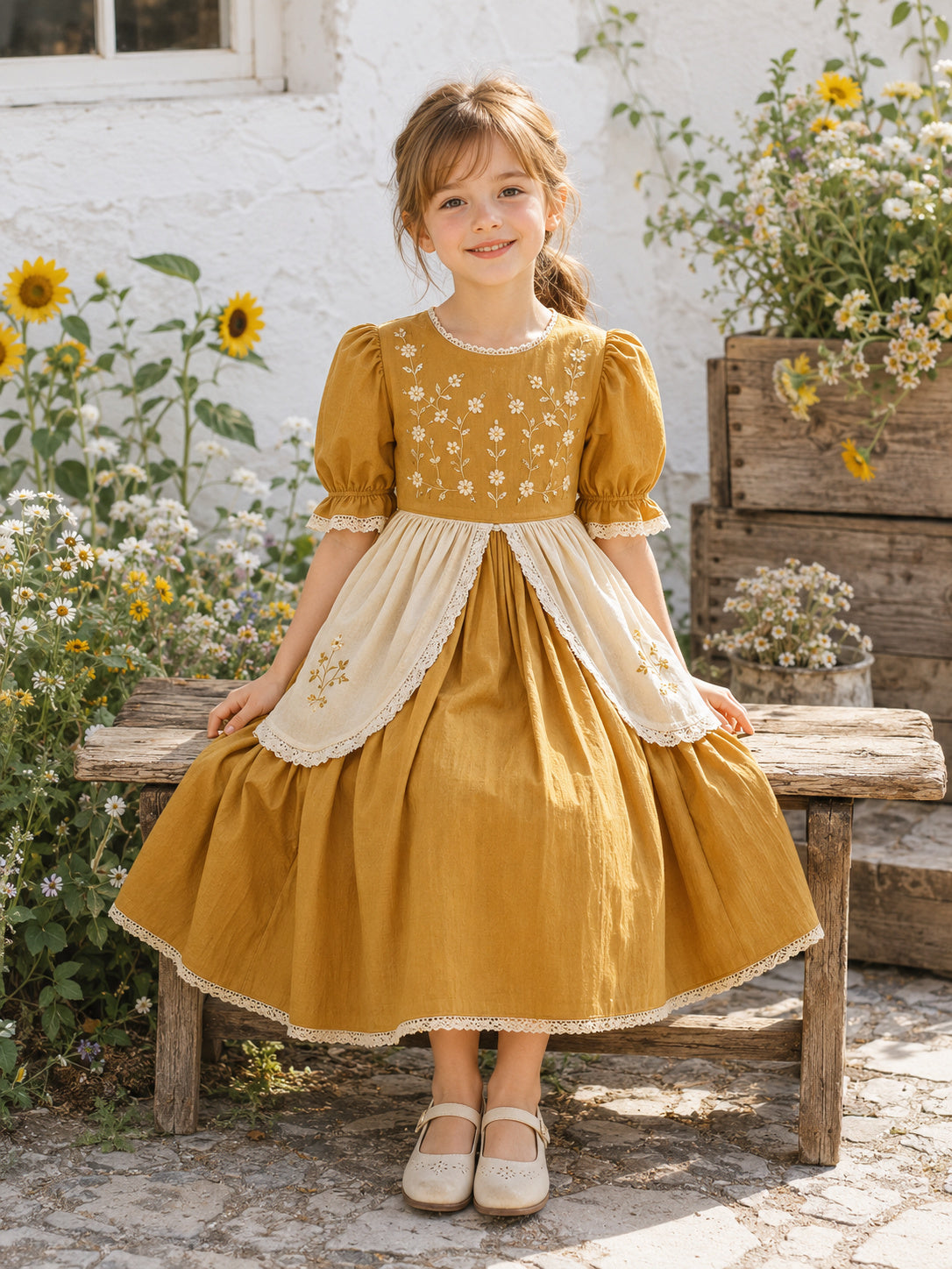 A-Line Flowergirl Mustard Tulle Tea-Length Puff Sleeve Applique Cottagecore Wedding Dress front view