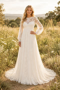 Ivory Modern One-Shoulder A-Line Lace Tulle Wedding Dress with Single Long Lace Sleeve and Chapel Train front view
