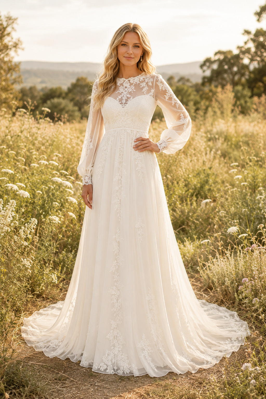 Ivory Modern One-Shoulder A-Line Lace Tulle Wedding Dress with Single Long Lace Sleeve and Chapel Train front view