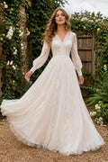 Ivory Boho V-Neck A-Line Soft Tulle Wedding Dress with Long Lace Sleeves and Chapel Train front view