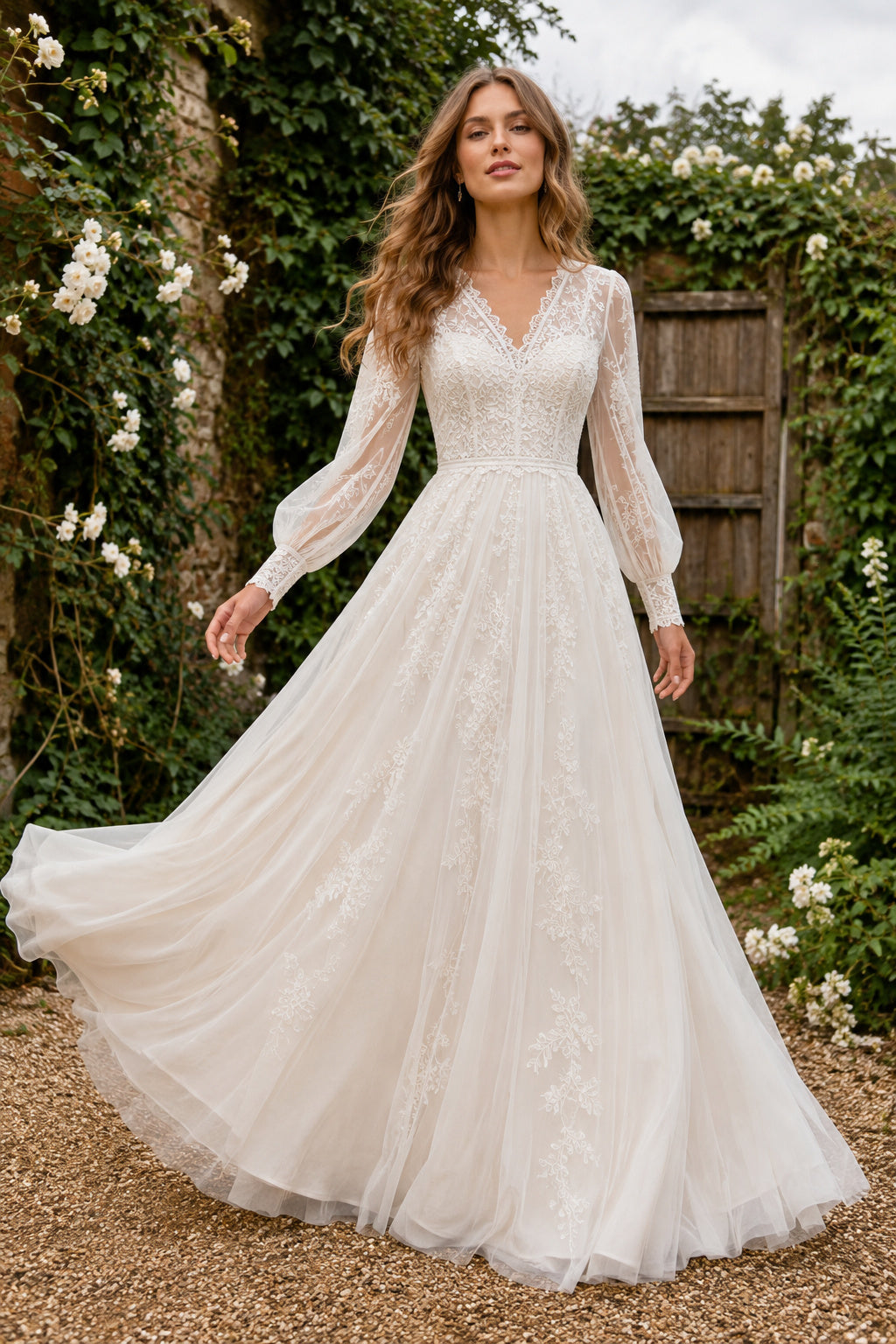 Ivory Boho V-Neck A-Line Soft Tulle Wedding Dress with Long Lace Sleeves and Chapel Train front view
