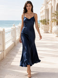 Navy Satin Cowl Neck Spaghetti Strap Slip Midi Dress front view