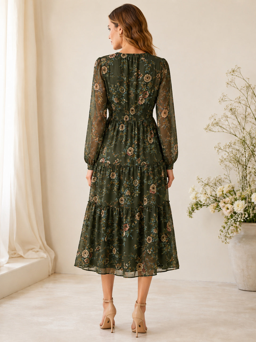 Dark Green Floral High Neck Long Sleeve Midi Dress back view