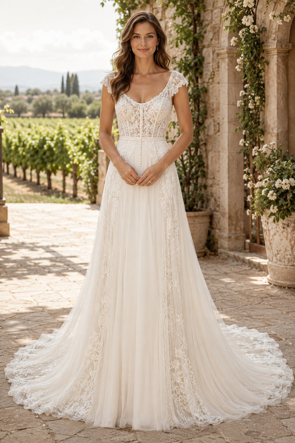 Ivory Cap Sleeve Lace A-Line Wedding Dress with Scoop Neck and Sweep Train front view