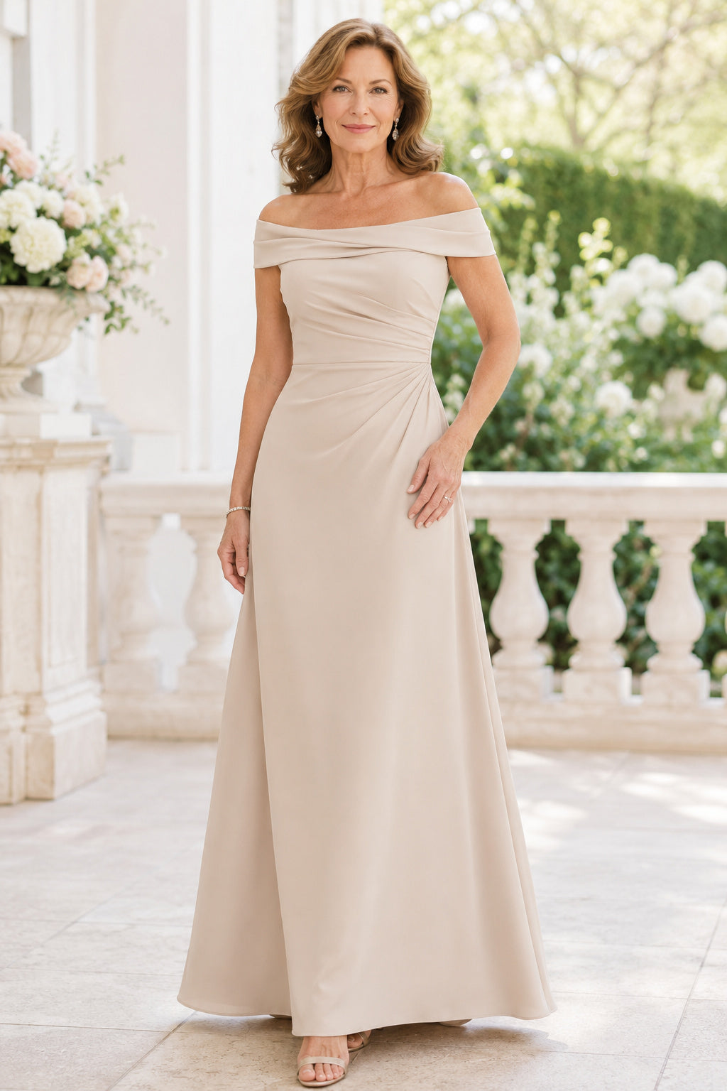 Champagne Off-the-Shoulder A-Line Mother Dress with Simple Floor Skirt front view