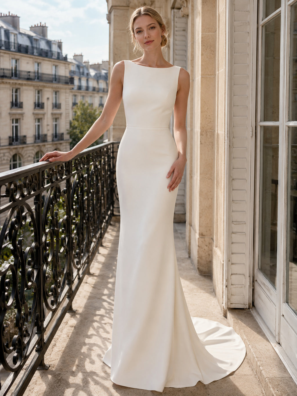 Bateau Neck Crepe European Balcony Mermaid Elopement Gown front view