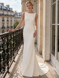 Bateau Neck Crepe European Balcony Mermaid Elopement Gown front view