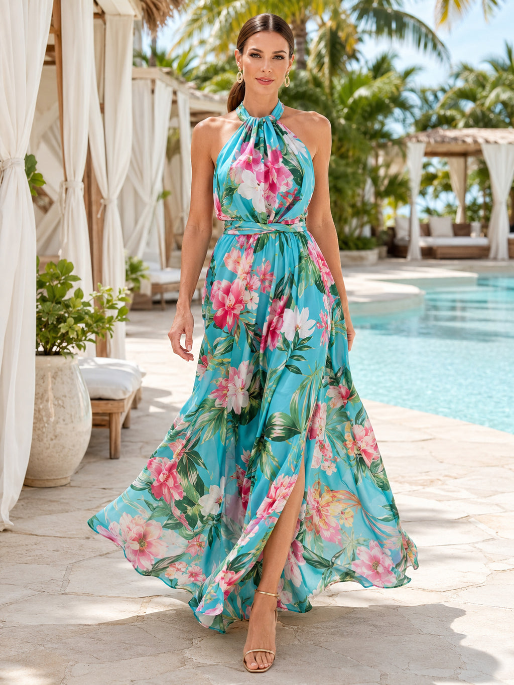 Turquoise floral halter chiffon high slit resort maxi dress front view