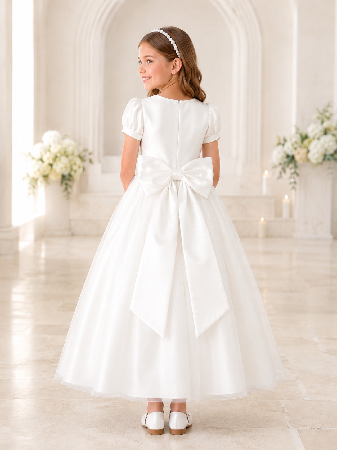 White Satin Tulle Jewel Neck Short Puff Sleeve Oversized Bow Ankle Length Communion Flowergirl Dress back view