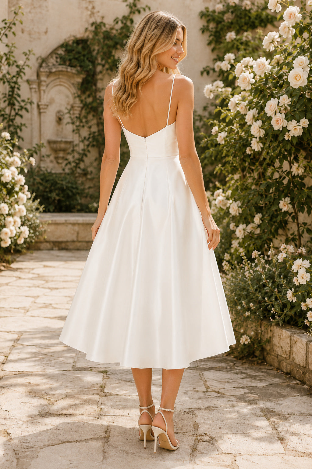Ivory Square Neck Satin Tea Length Wedding Dress for Wedding Reception and Party back view