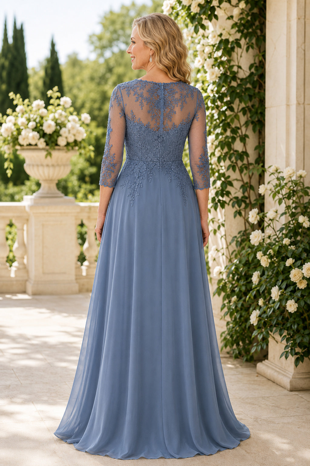 Steel Blue V-Neck Mother Dress with Illusion Lace Sleeves and Chiffon A-Line Skirt back view