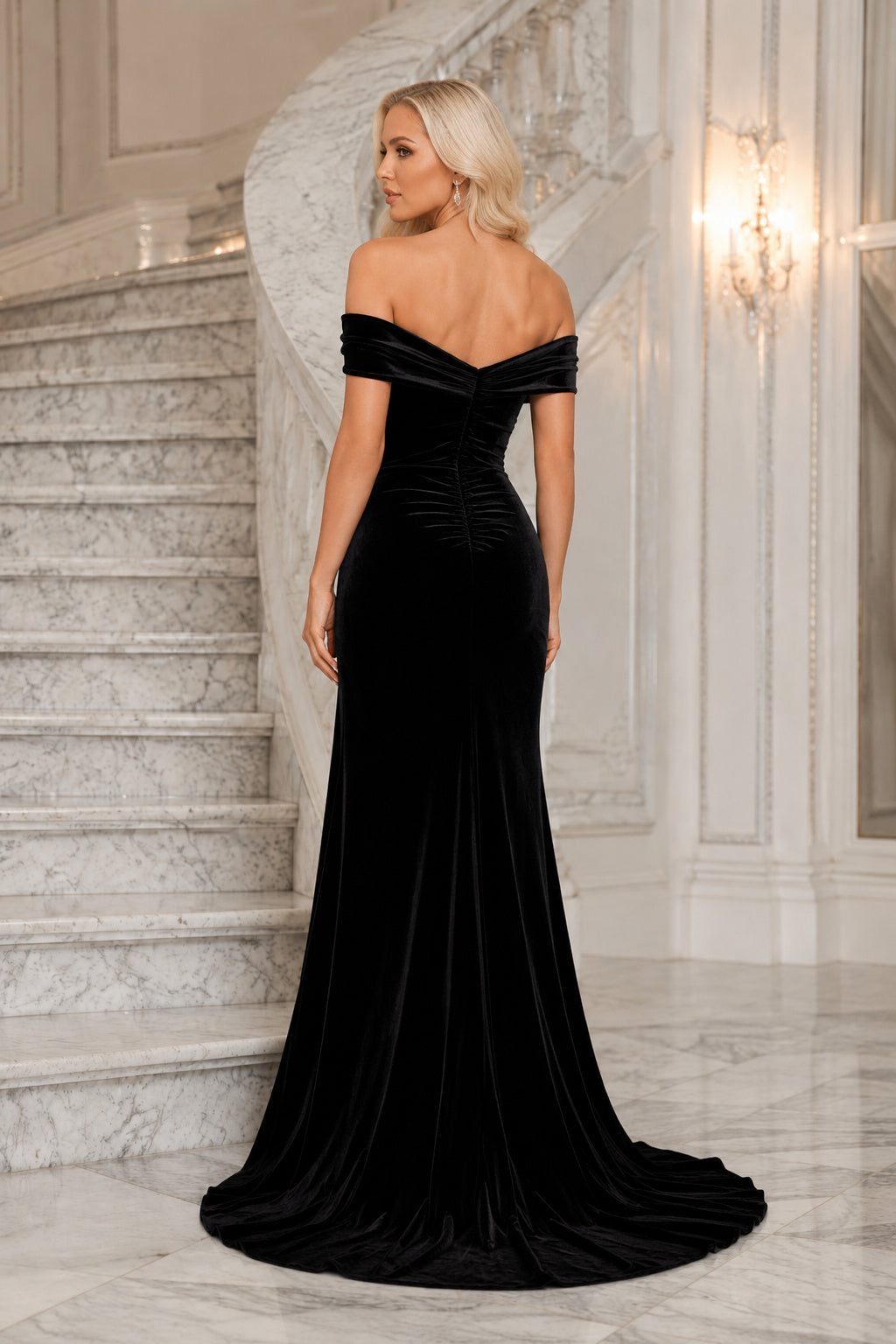 Black Velvet Off-the-Shoulder Mermaid Formal Dress with Slit back view