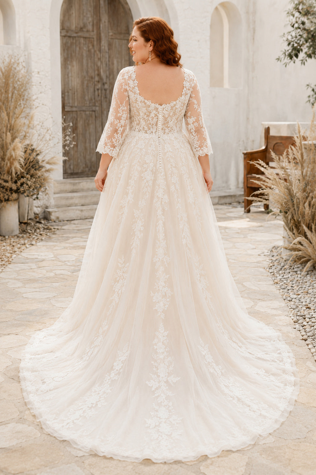 Plus Size Square Neck Long Sleeve Lace A-Line Wedding Dress with Chapel Train back view