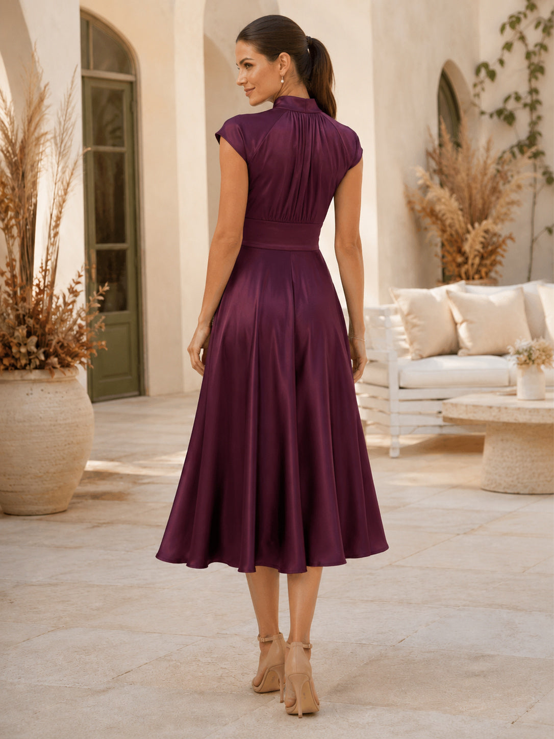 Plum High Neck Cap Sleeve Satin Tea Guest Dress back view