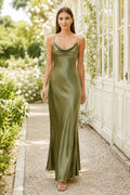 Dark Green Cowl Neck Satin Sheath Bridesmaid Dress with Spaghetti Straps front view