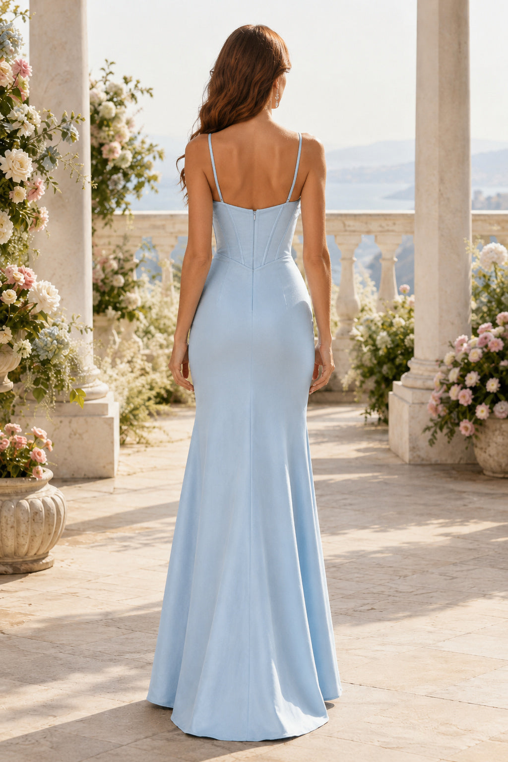 Plus Size Sky Blue Spaghetti Strap Sheath Formal Dress with Ruched Sweetheart Bodice back view