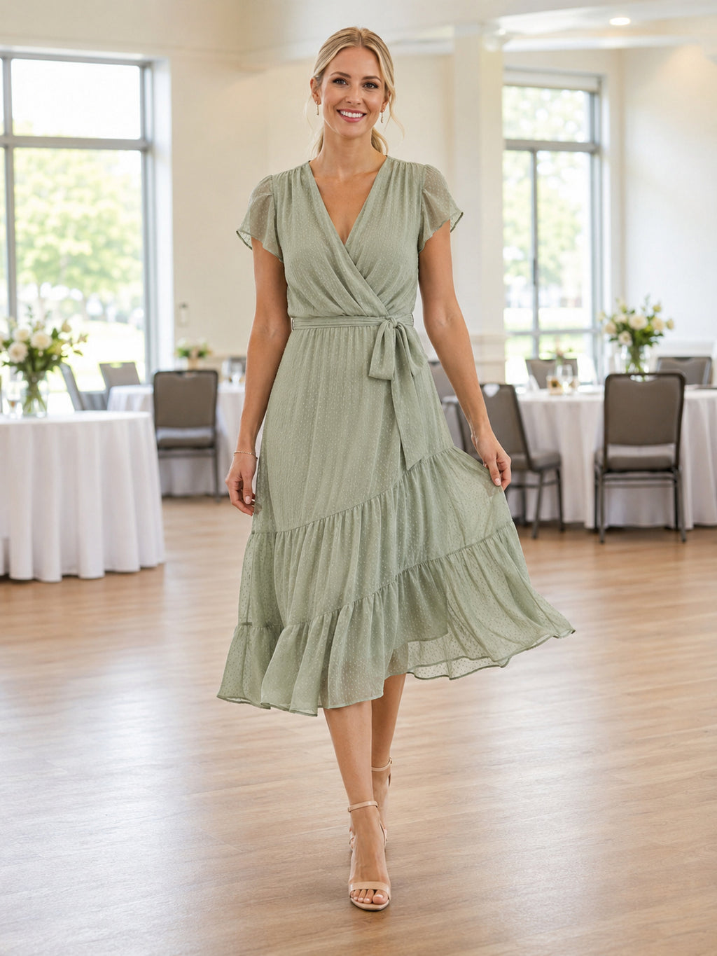 Sage V Neck Ruffle Hem Wrap Appreciation Midi Dress front view