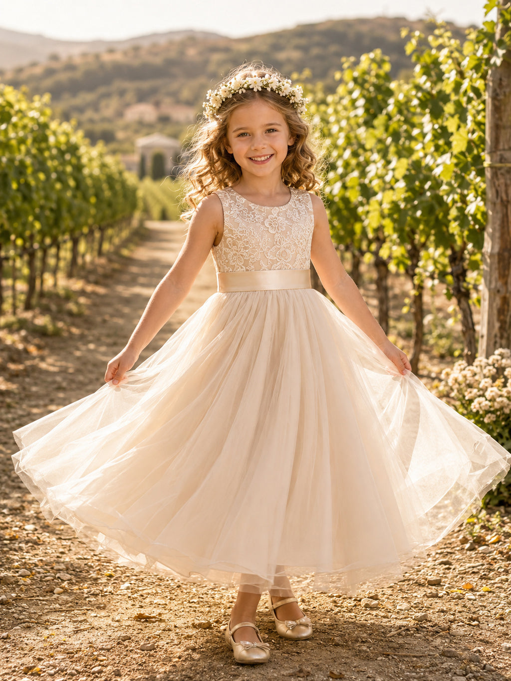 Flower Girl Dress Champagne Tulle A-Line Scoop Tea length Sash Detail front view