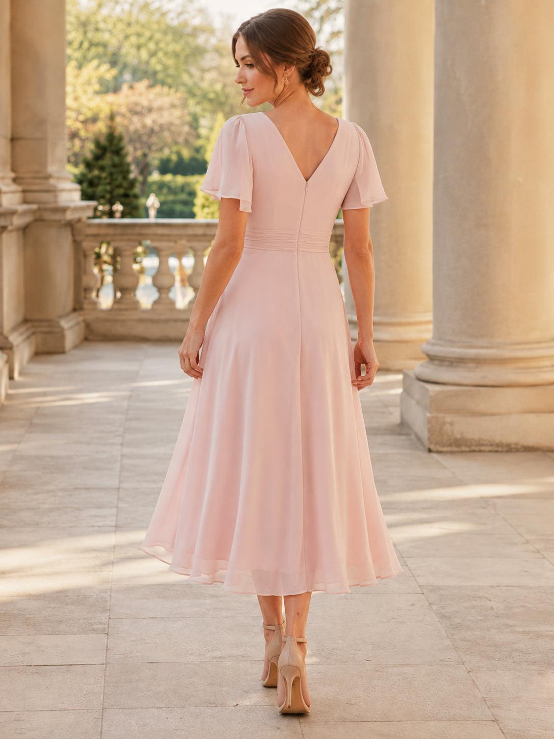 Blush V Neck Flutter Sleeve Tea Length A Line Guest Dress back view