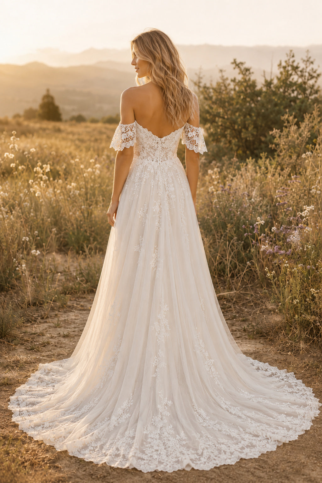 Off the Shoulder A-Line Wedding Dress with Lace Bodice and Scalloped Tulle Train back view