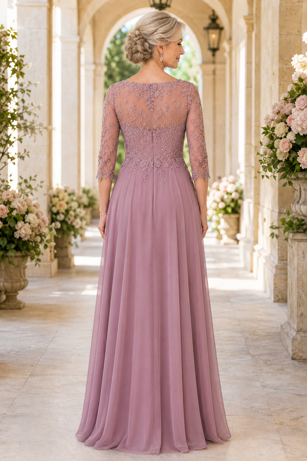 Vintage Mauve Long Sleeve Lace Bodice Mother Dress with Chiffon A-Line Skirt for Evening Reception back view