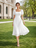 White Puff Sleeve Chiffon Midi Graduation Ceremony Dress front view