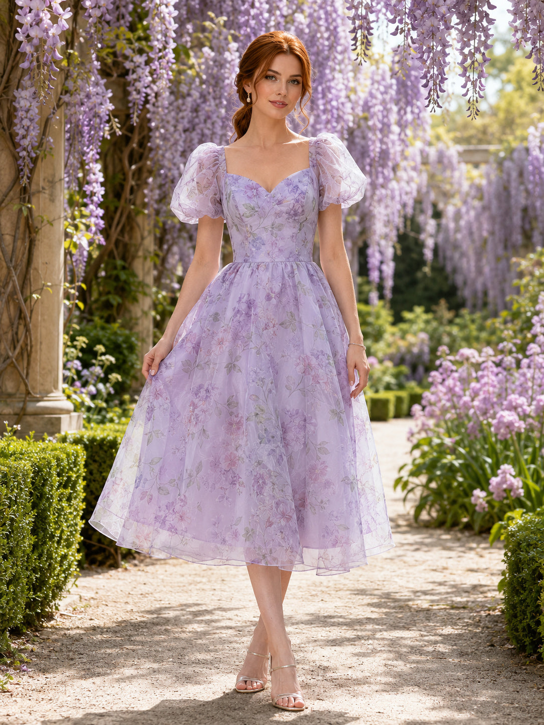 Lavender Floral Puff Sleeve Tulle Spring Occasion Dress front view