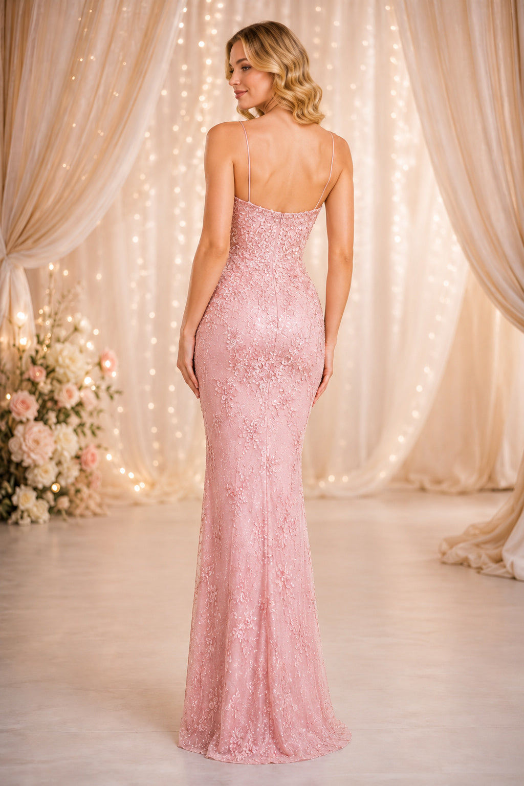 Plus Size Pearl Pink Spaghetti Strap Lace Mermaid Formal Gown with Floral Applique back view