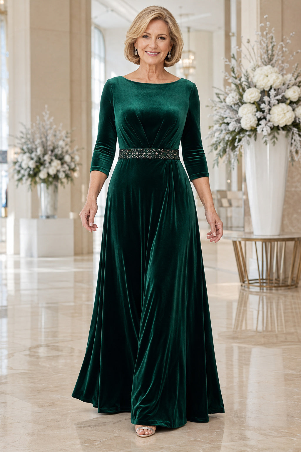 Dark Green Velvet Bateau Mother Dress with Three Quarter Sleeves and Beaded Waist front view
