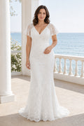White Off-the-shoulder Flutter Sleeves Mermaid Crepe, Lace Floor-length Wedding Dress With Lace and Layered Skirt and Open Back