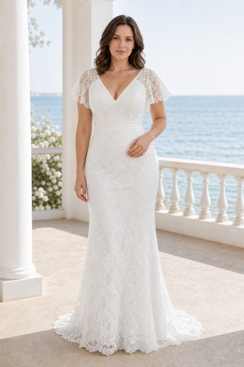 White Off-the-shoulder Flutter Sleeves Mermaid Crepe, Lace Floor-length Wedding Dress With Lace and Layered Skirt and Open Back