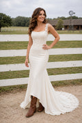 Ivory Square Neck Sheath Wedding Dress with High-Low Front and Lace Sweep Train front view