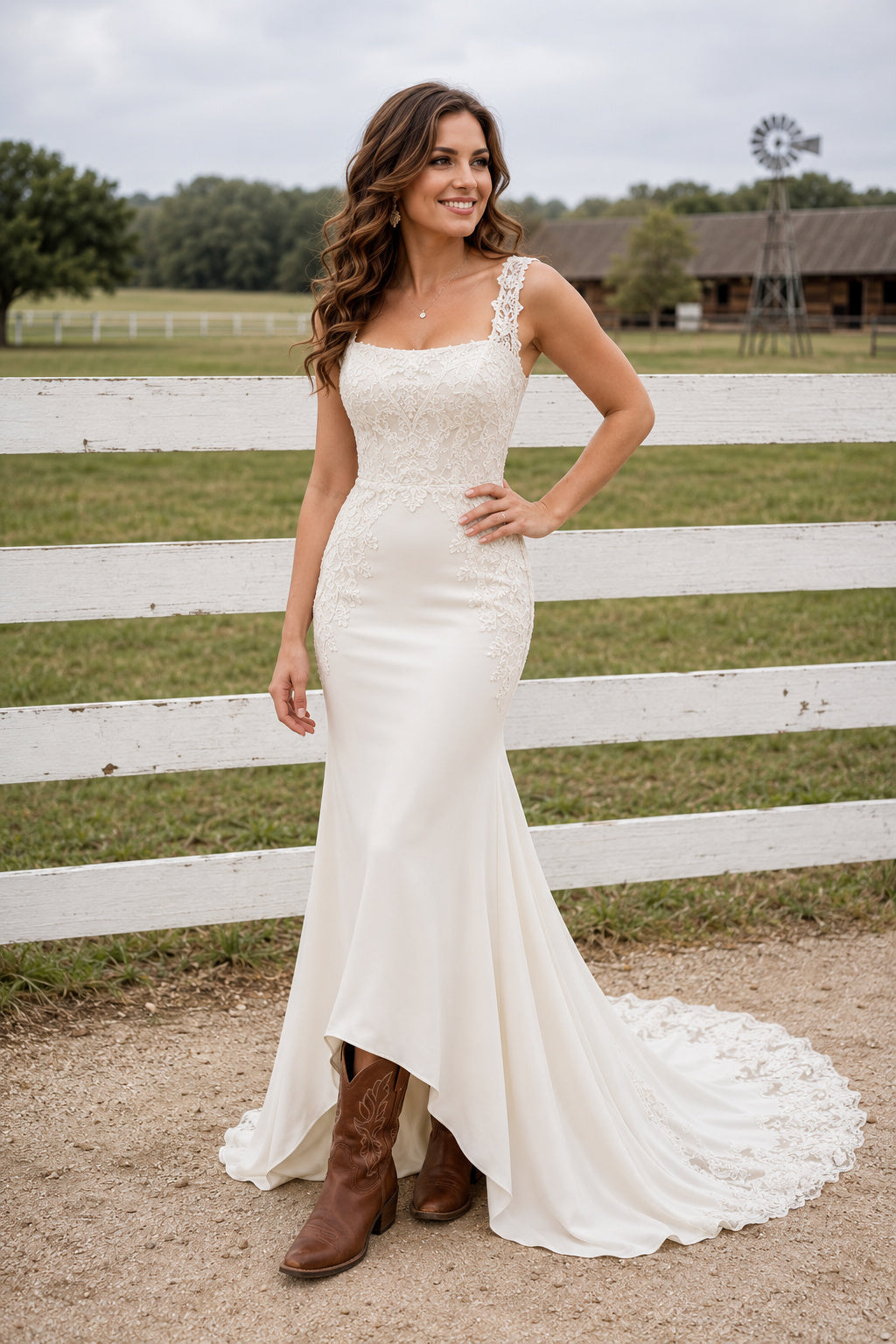 Ivory Square Neck Sheath Wedding Dress with High-Low Front and Lace Sweep Train front view