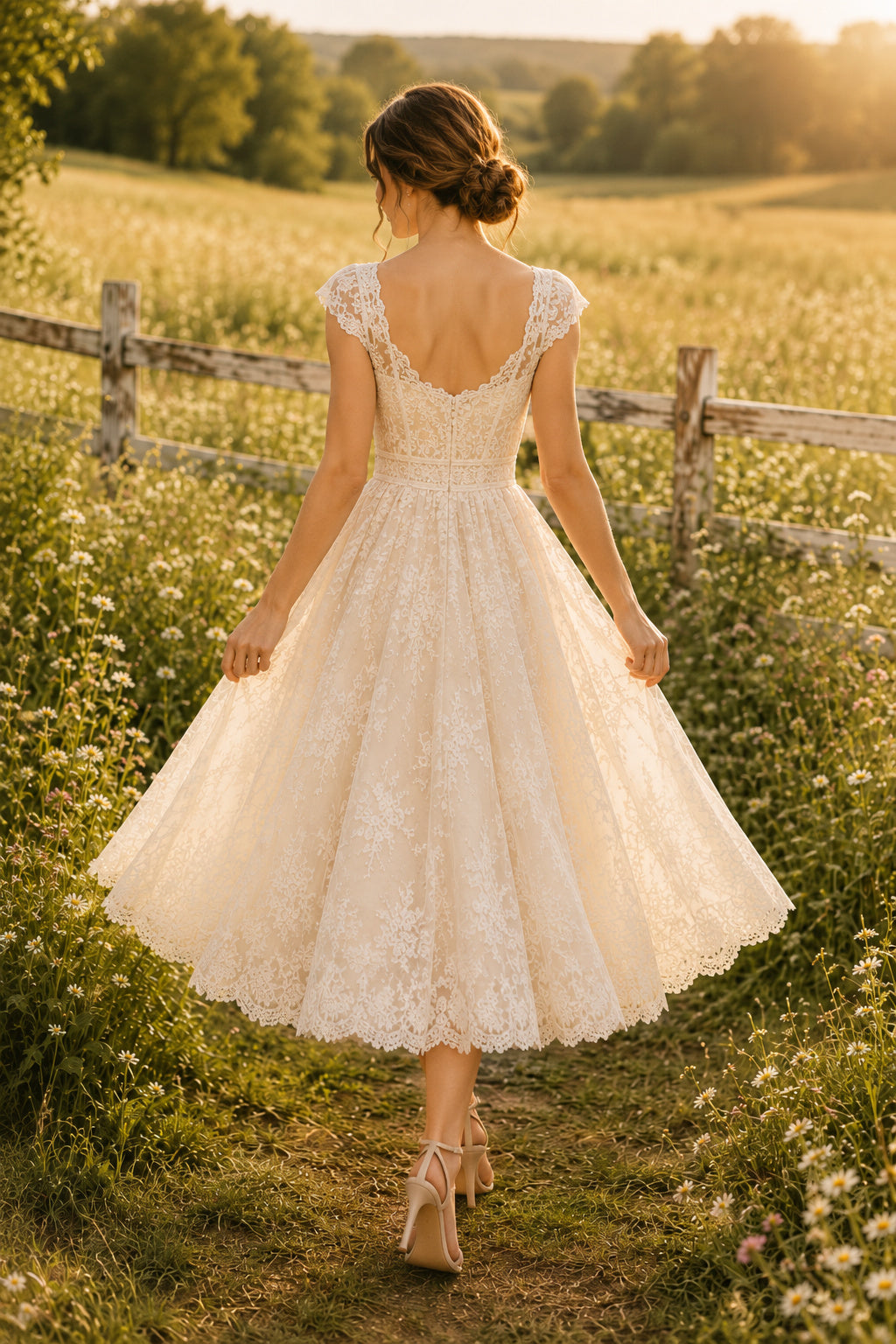 Ivory Square Neck Cap Sleeve Lace Tea Length Wedding Dress for Wedding Reception and Party back view