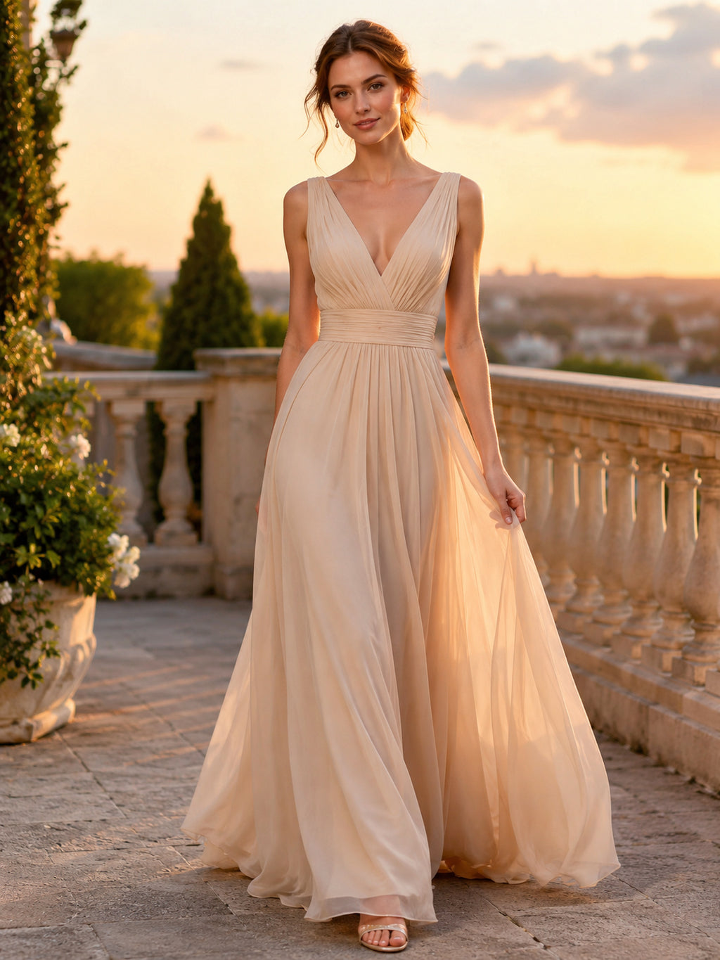Champagne Sleeveless V Neck Tulle A Line Evening Dress front view