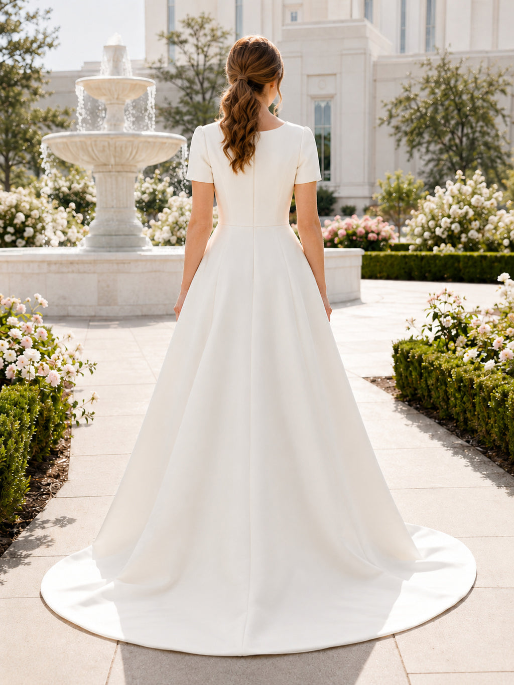 Short Sleeve Simple A Line Temple Courtyard Wedding Dress back view