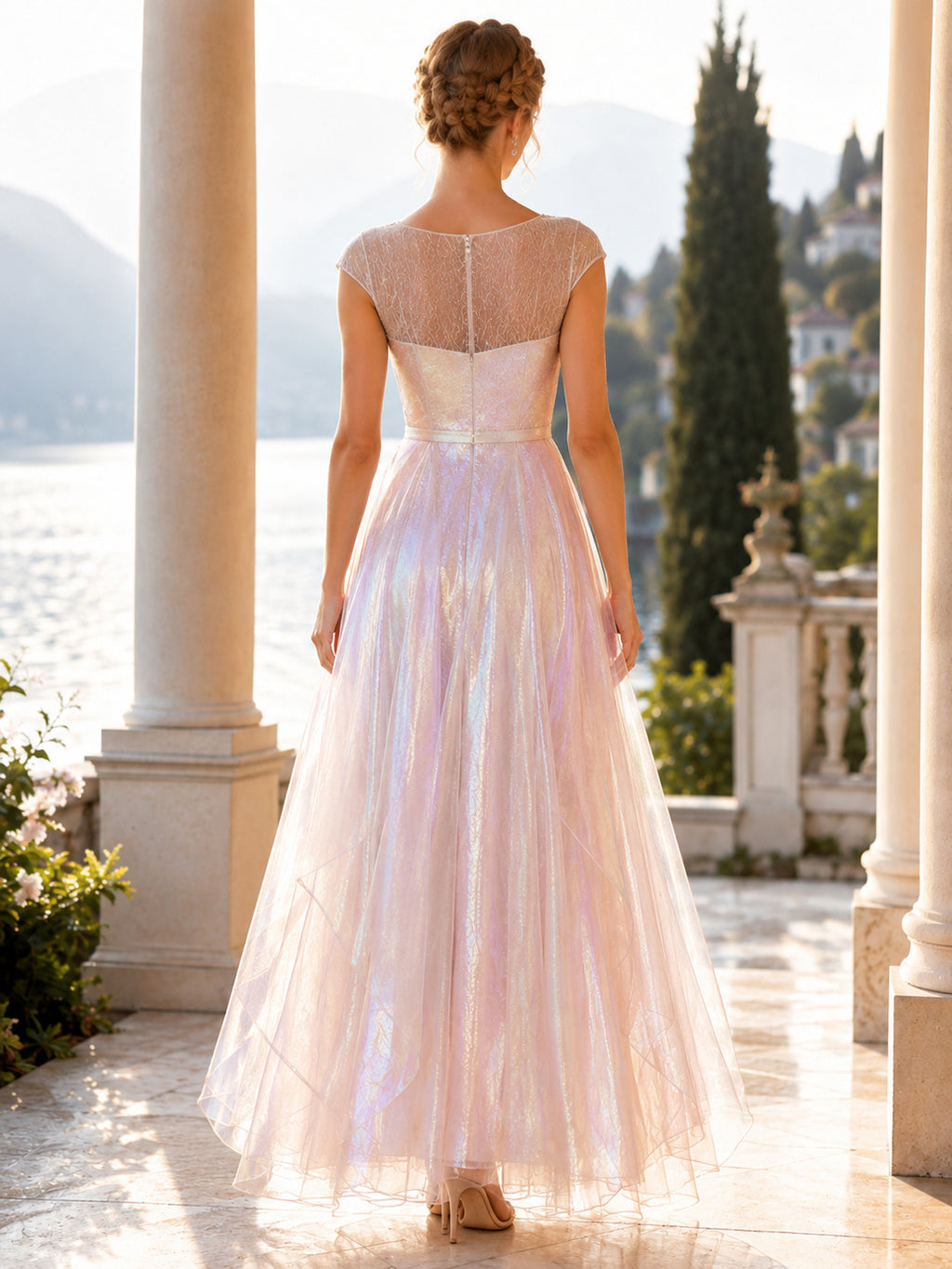 Pearl Pink Scoop Neck Iridescent Organza Formal Guest Dress back view